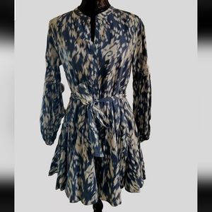 Bobbles & Lace Paula Blue/White Tie Waist Balloon Sleeves Flowy Mini Dress Sz S